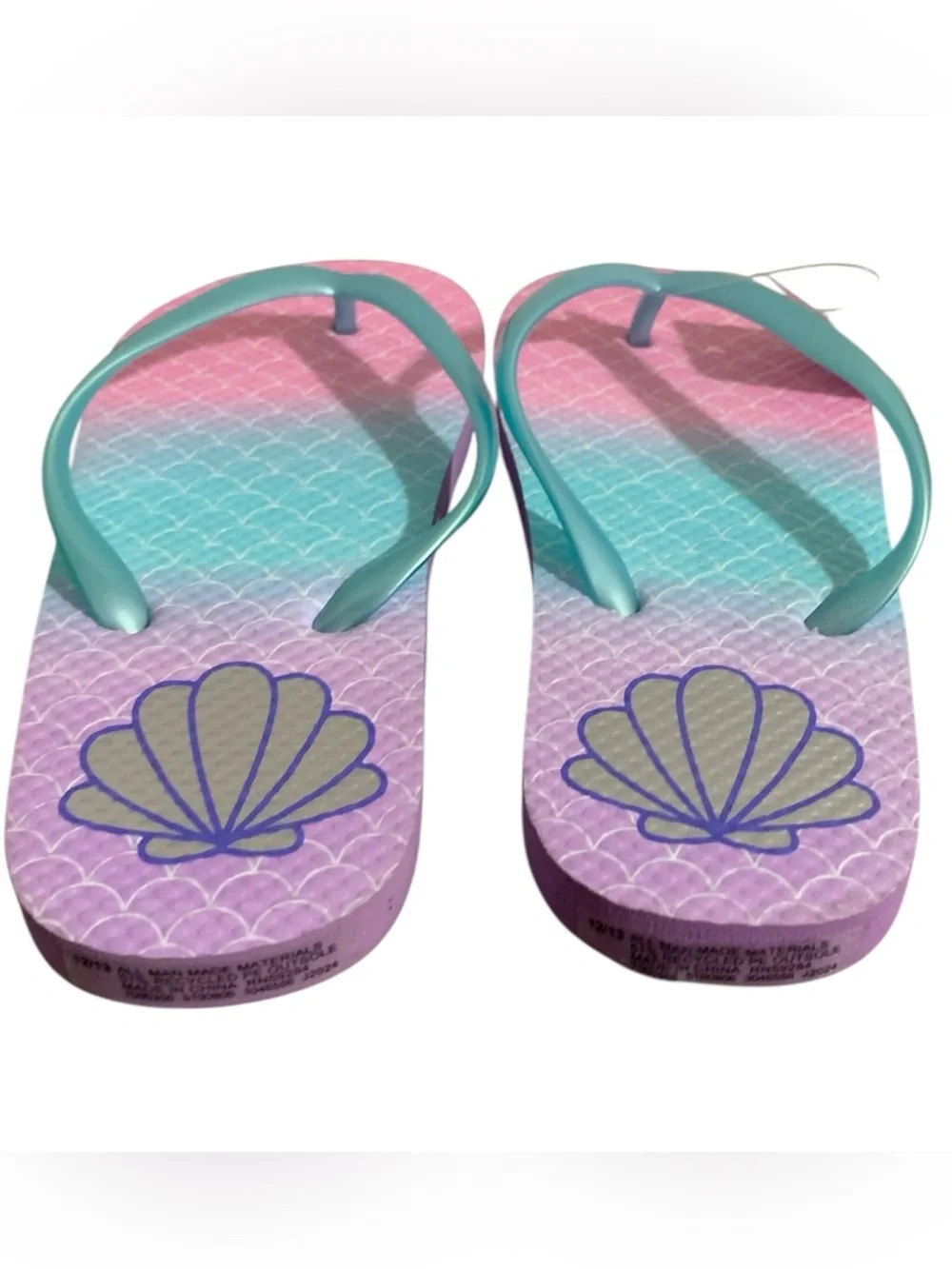 The Children's Place Pink Purple Teal Mermaid Shell Flip Flops Girl 12/13
